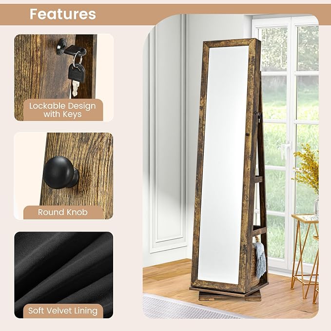 GOFLAME 360° Rotating Jewelry Armoire, Lockable Jewelry Cabinet with Full-Length Mirror & Inner Makeup Mirror, Standing Jewelry Storage Organizer with Rear Storage Shelves, Rustic Brown