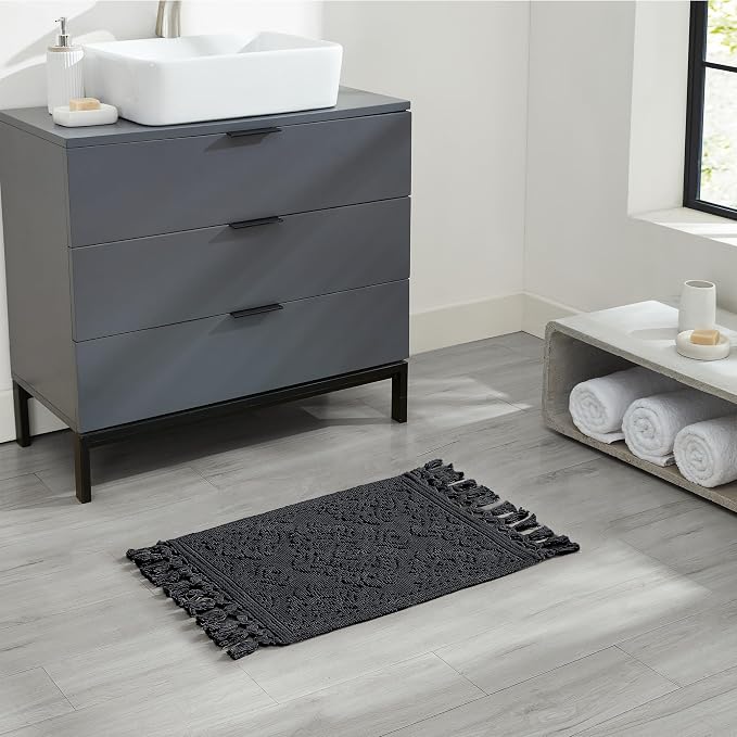 Jean Pierre - Ricardo Bath Mat, Woven Fringe Bathroom Rugs, 100% Cotton, Premium Bathroom Decor - Measures 21" x 41" - Black