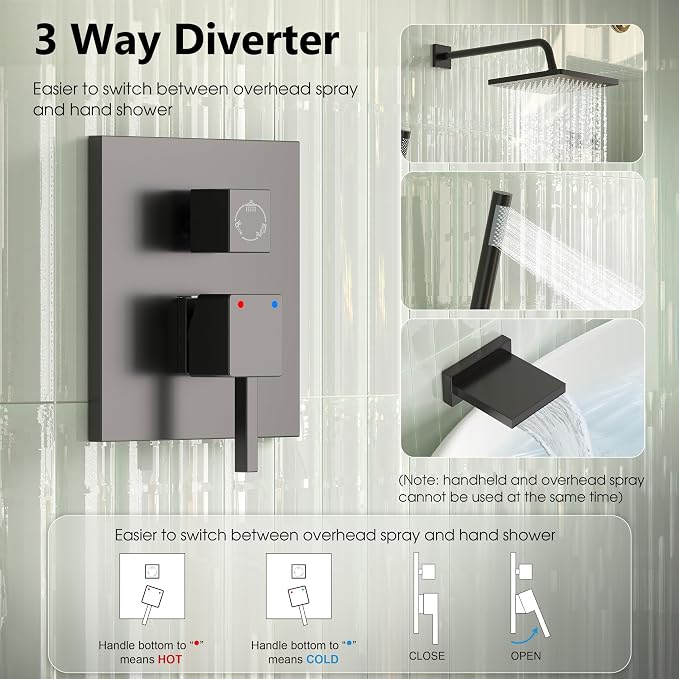 Esnbia Shower System with Tub Spout,Black Bathtub Shower Faucet Set,10 Inches Rain Shower Heads with Handheld Spary Combo, Tub Shower Kit with 3-Way Shower Valve, Matte Black