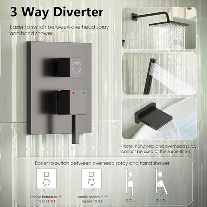 Esnbia Shower System with Tub Spout,Black Bathtub Shower Faucet Set,10 Inches Rain Shower Heads with Handheld Spary Combo, Tub Shower Kit with 3-Way Shower Valve, Matte Black