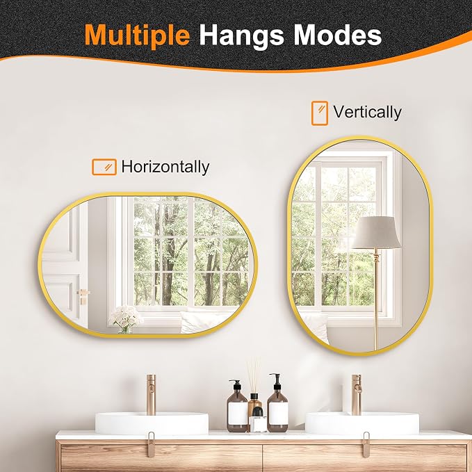 30x20 Gold Oval Bathroom Mirror for Over Sink, Aluminum Frame | HD Reflection No Distortion, Aluminum Frame, Mounting Hardware for Vertical or Horizontal Mount