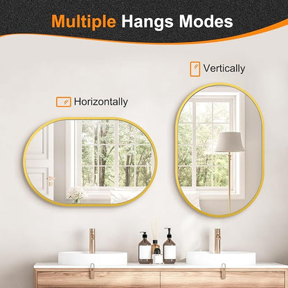 30x20 Gold Oval Bathroom Mirror for Over Sink, Aluminum Frame | HD Reflection No Distortion, Aluminum Frame, Mounting Hardware for Vertical or Horizontal Mount