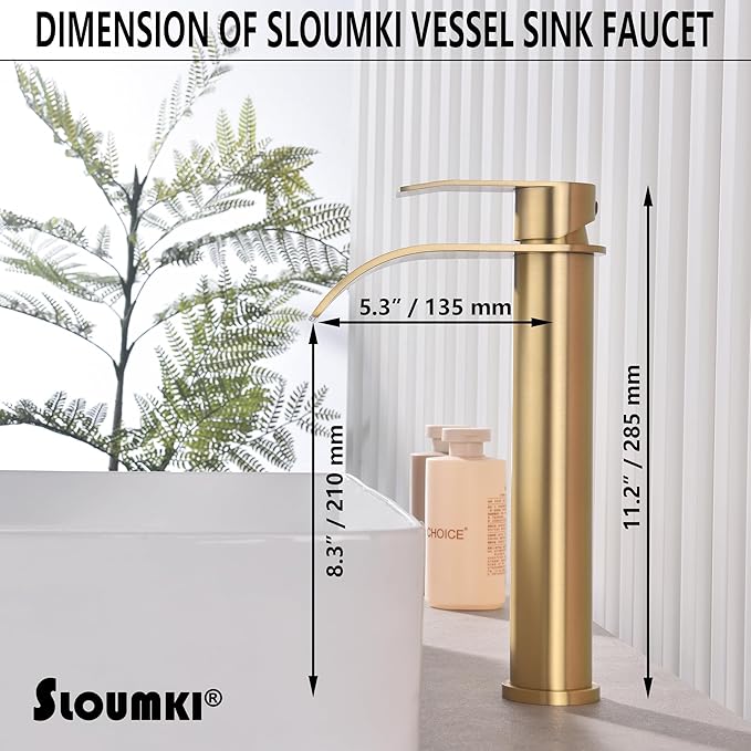 Brushed Gold Vessel Sink Faucet, High Bathroom Sink Faucet, High Waterfall Bathroom Faucet, Single Handle Basin Faucet, Come with Water Hose and Metal Pop Up Drain Without Overflow Hole