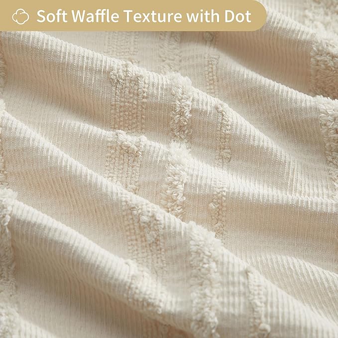 Beige Shower Curtain Boho, 72 x 72 Cotton Blend Waffle Weave Stripe Textured Heavy Duty, Fabric Shower Curtain for Bathroom, Hotel, Washable