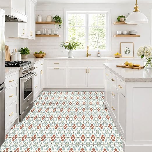 Muted Floral Geometric Peel and Stick Floor Tiles 12x12 Inch 10PCS | Muted teal rust and cream floral geometric pattern vinyl floor stickers for kitchen bathroom entryway and indoor home decor
