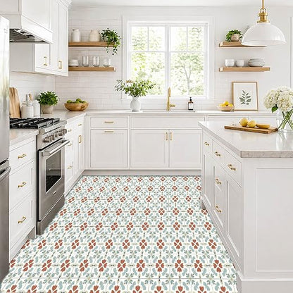 Muted Floral Geometric Peel and Stick Floor Tiles 12x12 Inch 10PCS | Muted teal rust and cream floral geometric pattern vinyl floor stickers for kitchen bathroom entryway and indoor home decor