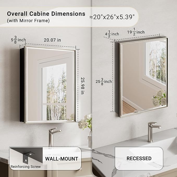 20''x 26'' Brushed Nickel Medicine Cabinet, Recessed or Surface Framed Medicine Cabinet with Beveled Mirror Pre-Assembled, Reversible Bathroom Storage Vanity Cabinet with Adjustable Shelves