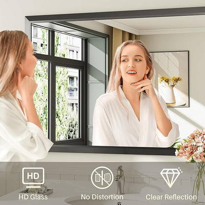 40.1x38.1 Inch Black Bathroom Mirror for Wall, Thick Metal Framed Rectangle Mirrors for Over Sink, Bedroom, Living Room, Entryway, Anti-Rust, HD Tempered Glass