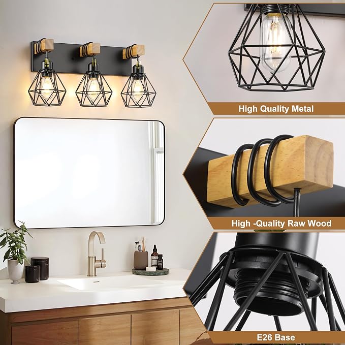 maesta 3 Light Bathroom Vanity Light, Farmhouse Black Fixture Over Mirror | Farmhouse Bathroom Light Fixtures, Wood & Metal, Anti-Rust, Easy to Install for Rustic Bathroom Hallway