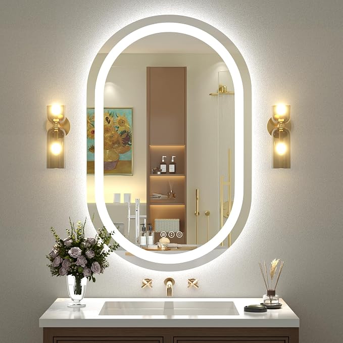 OKPAL 40x30 Oval Lighted Mirror, LED Bathroom Mirror with Lights, Lighted Vanity Bathroom Mirror, Anti-Fog, Shatter-Proof, Dimmable, Memory, 3 Colors (Front Lights + Backlit)