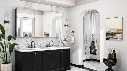Keonjinn 60" x 32" Black Medicine Cabinet Mirror, Freely Adjustable Shelves | Assembly Needed, Lightweight Aluminum Frame, Surface Mount or Recessed, Soft Close, 3 Doors, Oversized Medicine Cabinet