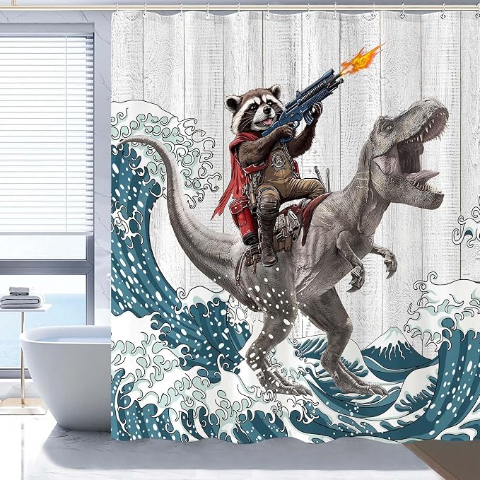 Funny Raccoon Dinosaur Shower Curtain 84 Inch Extra Long Fun Cool Animal Japanese Ocean Wave Shower Curtains for Bathroom Kids Unique Waterproof Fabric Rustic Wooden Farmhouse Bath Curtain Decor