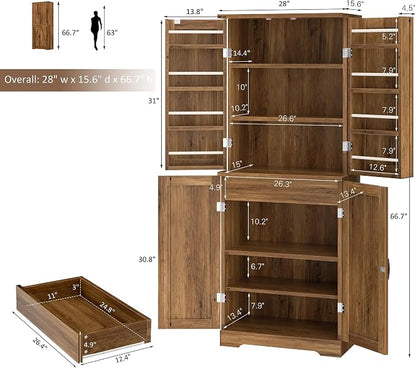 Shintenchi Kitchen Pantry Cabinet, Farmhouse Tall Cupboard, Rustic Brown | Freestanding, with 8 Door Shelves, 2 Cabinets and 1 Drawer, for Kitchen, Living Room, Dining Room and Bathroom