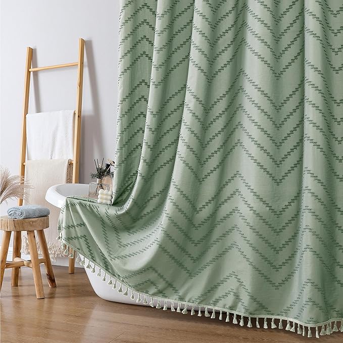 Boho Shower Curtain, Sage Green Fabric Cloth Shower Curtains Farmhouse Tufted Chevron Striped Textured with Tassel for Bathroom, Soft Hotel Style Modern Minimalist, Machine Washable, 72x72
