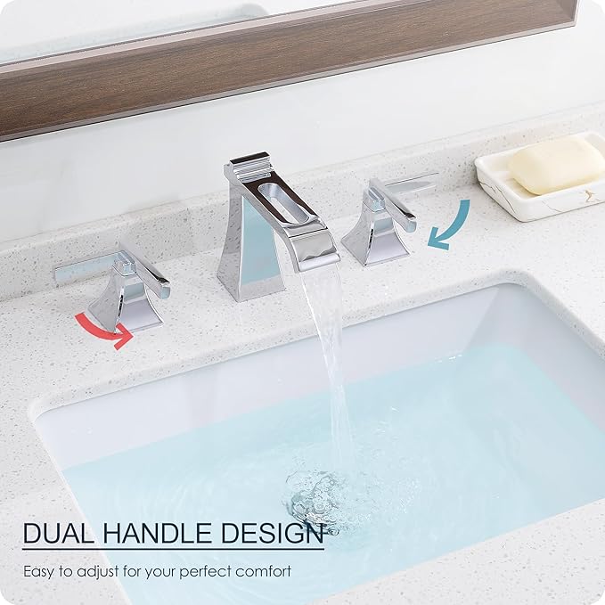 Chrome Bathroom Faucet 3 Hole, Brass Waterfall 8 Inch Widespread Bathroom Sink Faucet with Pop-up Drain, Pre-Installed Supply Hoses, 2 Handles for Vanity, Lavatory, Modern Hollowed Spout