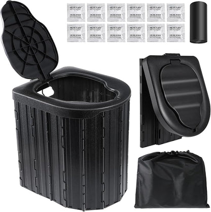 Portable Toilet for Adults, Foldable Plastic Toilet, with Lid and Paper Holder Travel Porta Potty for Adults Camping, Hiking, RV, Fishing, Beach, Road Trip, Truck, Hunting (black-15.7''H)
