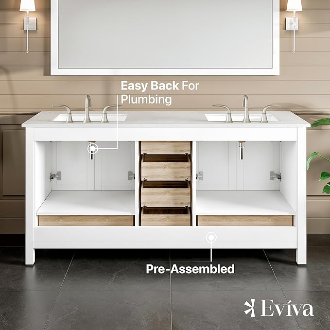 Eviva Aberdeen 72 in. White Double Sink Bath Vanity with Carrara Quartz Top and Undermount Porcelain Sinks