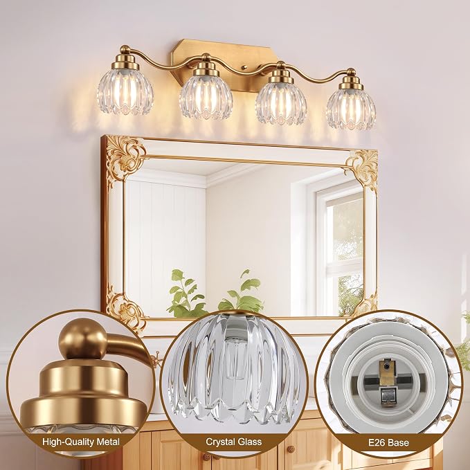 Bathroom Vanity Light, Gold Vintage Tulip Glass Shade, Antique Brass Finish | 4 Light Brushed Gold Bathroom Light Fixtures, Crystal Wall Sconce, Mounted Over Mirror for Bedroom Hallway, Easy to Install