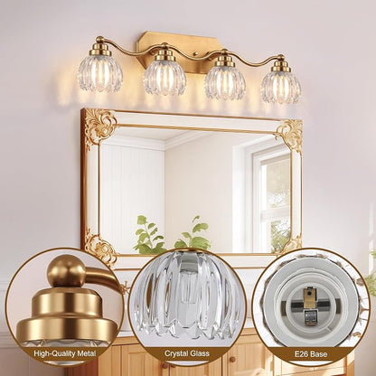 Bathroom Vanity Light, Gold Vintage Tulip Glass Shade, Antique Brass Finish | 4 Light Brushed Gold Bathroom Light Fixtures, Crystal Wall Sconce, Mounted Over Mirror for Bedroom Hallway, Easy to Install