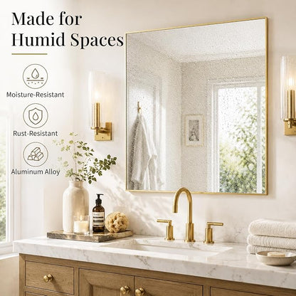 36"x36" Brushed Gold Framed Square Bathroom Vanity Wall Mirror | Accent Wall Mirror, Square Geometric Look, Slim Metal Frame, Living Room or Entryway, Keyhole Mount, Tempered Glass