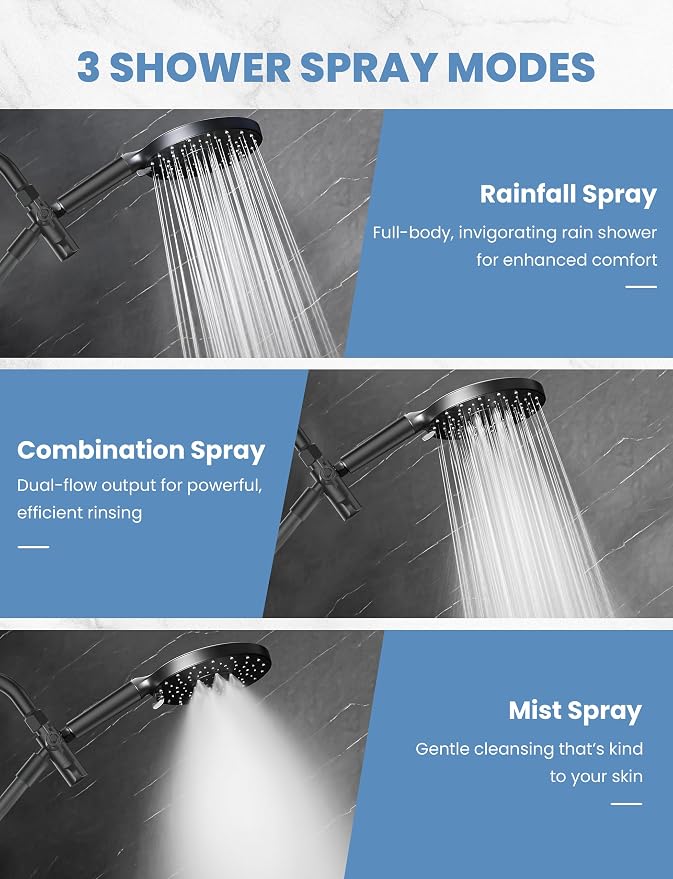 Filtered Shower Head Handheld Mother-Child Large Arm Combo, High Pressure 10-Spd Detachable Chrome Showerhead w/Stainless Hose, Water Softener Beads Hard Water - Remove Chlorine, Black