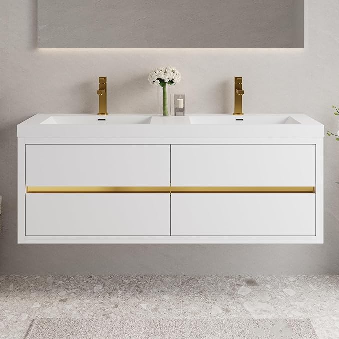 Abruzzo 60" Glossy White Wall-Mounted Bathroom Vanity with Double Sink – Stone Resin Countertop & Soft-Close Drawers, Waterproof Wood Cabinet for Small Bathrooms