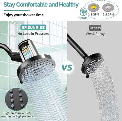 SR SUN RISE Filtered Shower Head with Filters,High Pressure Rain Shower Head,20-Stage Shower Filter,1.8/2.5 GPM Flow Rate,6 Spray Modes for Hard Water Softener,Remove Chlorine (Black,5.5 Inch)