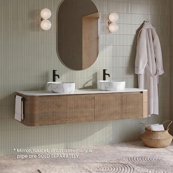 72" Preassembled Double Floating Bathroom Vanity with Carrara Sink, Oak | Mid-Century Modern Style, Fluted & Soft-Close Drawer with U-shaped Wall, Sinterted Stone Countertop, Towel Rack Included