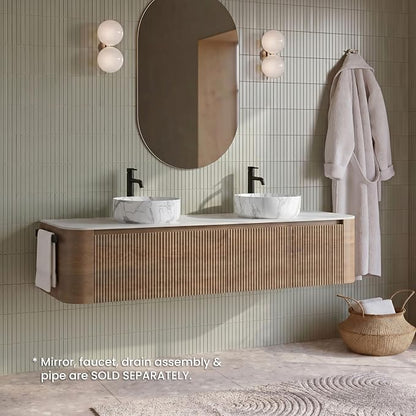72" Preassembled Double Floating Bathroom Vanity with Carrara Sink, Oak | Mid-Century Modern Style, Fluted & Soft-Close Drawer with U-shaped Wall, Sinterted Stone Countertop, Towel Rack Included