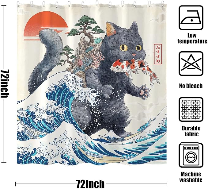 Accnicc Funny Cat Monster Shower Curtain for Bathroom 72 X 72 Inch | Fun Cool Black Cat Shower Curtains, Japanese Ocean Wave Kids Bath Curtain Decor, Water-Resistant Washable Polyester Fabric