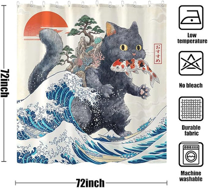 Accnicc Funny Cat Monster Shower Curtain for Bathroom 72 X 72 Inch | Fun Cool Black Cat Shower Curtains, Japanese Ocean Wave Kids Bath Curtain Decor, Water-Resistant Washable Polyester Fabric
