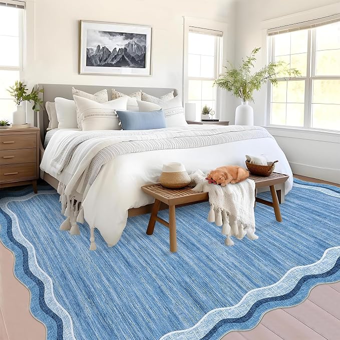 Garvee Scalloped 8x10 Rugs Washable Area Rugs for Living Room Blue | Rugs for Living Room, Non-Slip Soft Carpet for Bedroom, Scalloped Low-Pile Solid Rug Accent Rug for Dining Room Home Office