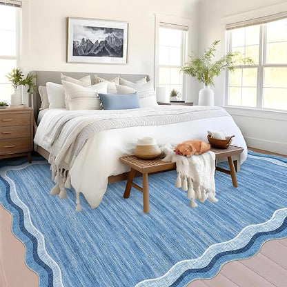 Garvee Scalloped 8x10 Rugs Washable Area Rugs for Living Room Blue | Rugs for Living Room, Non-Slip Soft Carpet for Bedroom, Scalloped Low-Pile Solid Rug Accent Rug for Dining Room Home Office