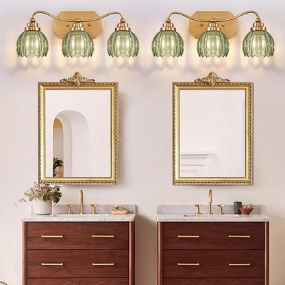 Vintage Gold Vanity Lights, 3 Light Tulip Crystal, Antique Brass Finish | Brushed Gold Bathroom Light Fixtures, Green Wall Sconce Ideal for Bedroom, Living Room, E26 Compatible, Easy Install
