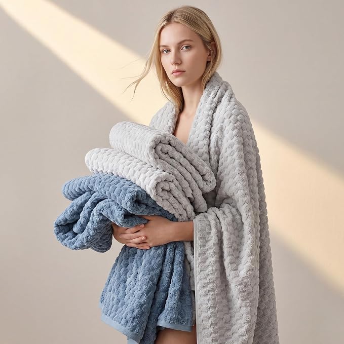 REDKISS Microfiber Bath Towels of 4-27x55 Inches Bath Towel Large, Highly Absorbent Towels for Bathroom, Quick Drying, Super Soft, Lint Free Fluffy Shower Towel for Gym, SPA, Gray, Blue