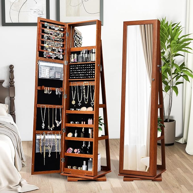GOFLAME 360° Rotating Jewelry Armoire, Lockable Jewelry Cabinet with Full-Length Mirror & Inner Makeup Mirror, Standing Jewelry Storage Organizer with Rear Storage Shelves, Walnut