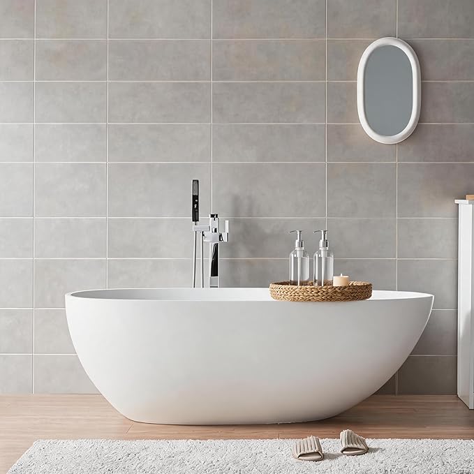 67" Freestanding Bathtub, Solid Surface Soaking Tub - Oval Egg Shell Stone Resin with Pop-Up Drain & Overflow, CUPC Certified Matte White Deep Soaking Tub with Ergonomic Design for Luxury Bathroom