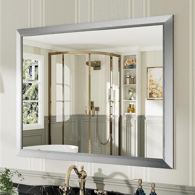40x32 Inch Brushed Silver Bathroom Mirror for Wall, Thick Metal Framed Rectangle Mirrors for Over Sink, Bedroom, Living Room, Entryway, Anti-Rust, HD Tempered Glass