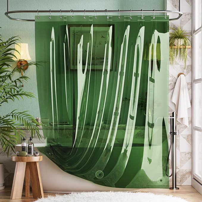 Bathway Shower Curtain Liner, Clear Shower Curtain Liner Green 72x72 PEVA Waterproof Shower Curtain Liner Plastic with 3 Magnets and 12 Rustproof Metal Grommets, Lightweight Shower Liner for Bathroom