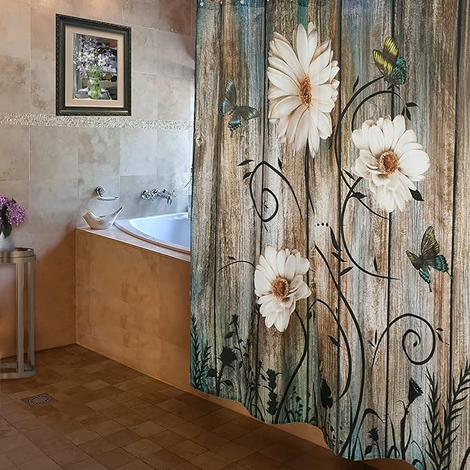 Rustic Shower Curtain Set Grey Daisy Floral Butterfly Shower Curtain for Bathroom Farmhouse Bath Curtain with 12 Hooks American Country Farm Style 72×72 Inches