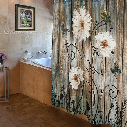 Rustic Shower Curtain Set Grey Daisy Floral Butterfly Shower Curtain for Bathroom Farmhouse Bath Curtain with 12 Hooks American Country Farm Style 72×72 Inches
