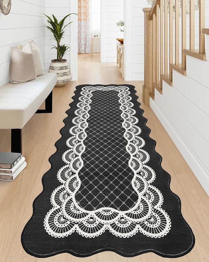 GarveeHome Hallway Black Rug 2x6 Washable Scalloped Runner Rugs for Kitchen Bathroom Non-Slip Modern Bordered Bedside Rug, Non-Shedding Scalloped Carpet Runners for Laundry Room, Entryway, Black
