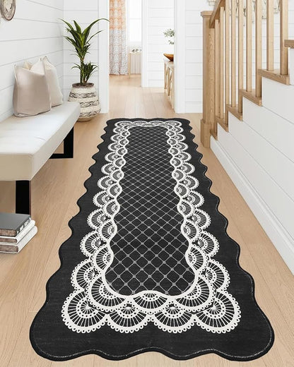 GarveeHome Hallway Black Rug 2x6 Washable Scalloped Runner Rugs for Kitchen Bathroom Non-Slip Modern Bordered Bedside Rug, Non-Shedding Scalloped Carpet Runners for Laundry Room, Entryway, Black