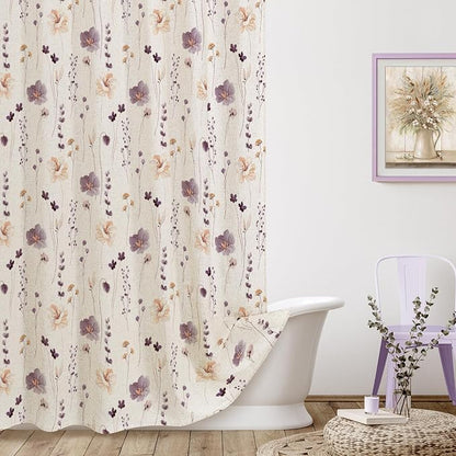 Plum Linen Watercolor Floral Fabric Shower Curtain, 72x72 | Linen Fabric, Modern Minimalist Floral Print, Machine Washable, Rustproof Grommets, for Bathroom Home