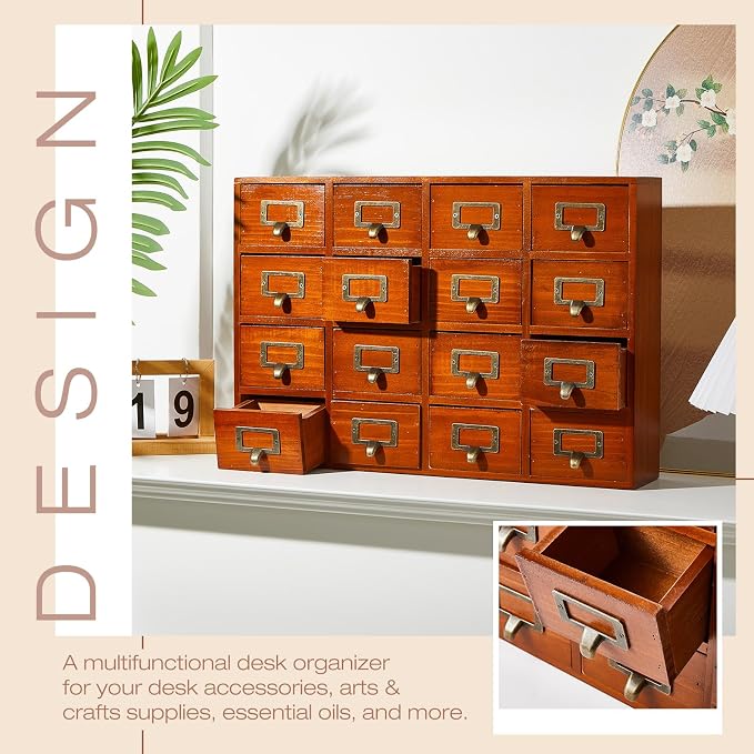Qinyoung 16 Drawers Apothecary Cabinet Library Card Catalog Cabinet Tabletop Vintage Apothecary Chests Cabinets Rustic Herb Storage Box with Drawers Wooden Desk Drawer Organizer Medicine Furniture
