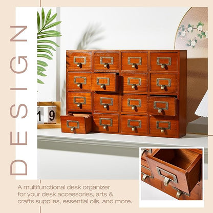 Qinyoung 16 Drawers Apothecary Cabinet Library Card Catalog Cabinet Tabletop Vintage Apothecary Chests Cabinets Rustic Herb Storage Box with Drawers Wooden Desk Drawer Organizer Medicine Furniture