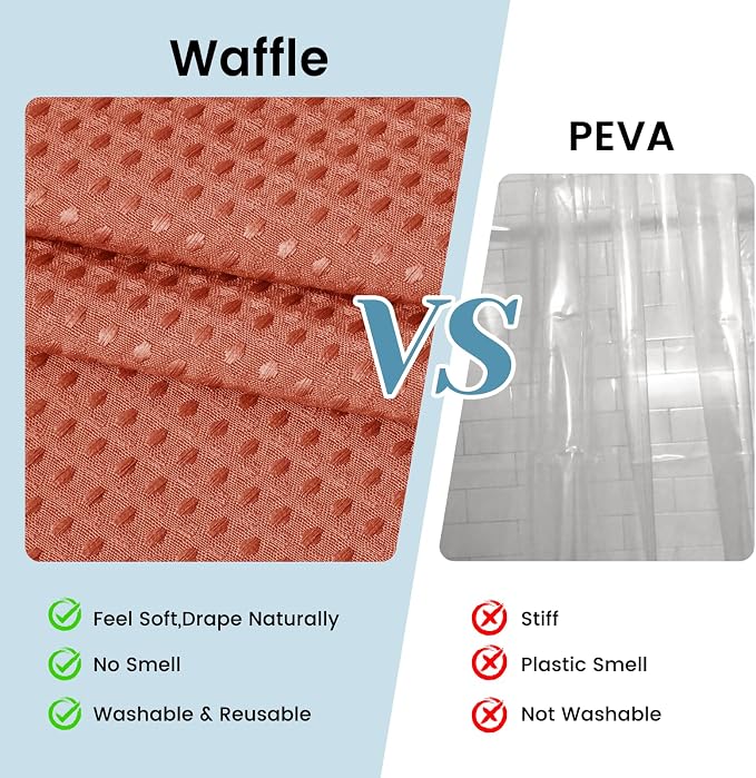 SORTTO No Hook Shower Curtain with Snap in Liner Set Waffle Shower Curtain for Bathroom Hotel Style Fabric Waterproof Inner Liner，71" W x 74" H, Burnt Orange