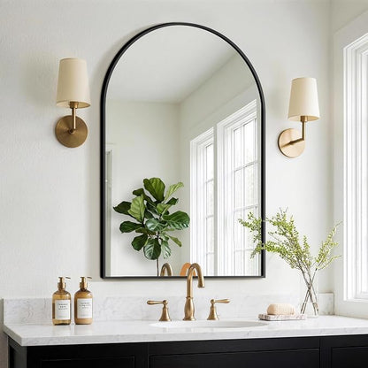 FGU Arched Bathroom Mirror for Over Sink 38"x26" Black Vanity Mirror | Wall Mounted, HD Tempered Shatter-Proof Glass, Rust-proof Arched Metal Frame, Arch Mirror for Bedroom, Living Room, Entryway
