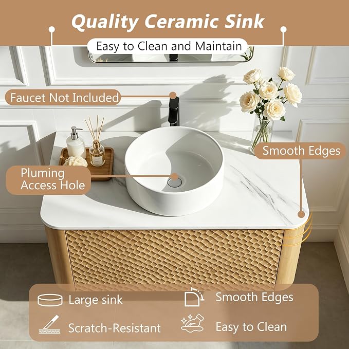 54 Inch Modern Bathroom Vanity with Ceramic Sink, Floating Bathroom Sink Cabinet with Sintered Stone Top&Solid Wood Hammered Frame, Single Bathroom Vanities w/Soft-Close Drawer&2 Side Open Cube