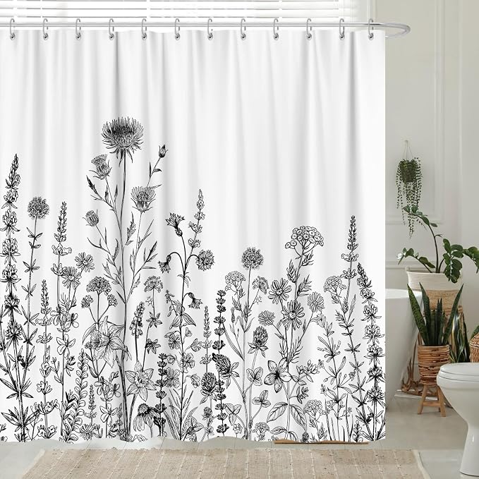 GOAOK Vintage Boho Shower Curtain Black and White Theme, Floral Aesthetic Dark Wildflower Botanical Flowers Shower Curtain for Bathroom with Hook, Farmhouse Plant Art Chic Shower Curtain 72X78